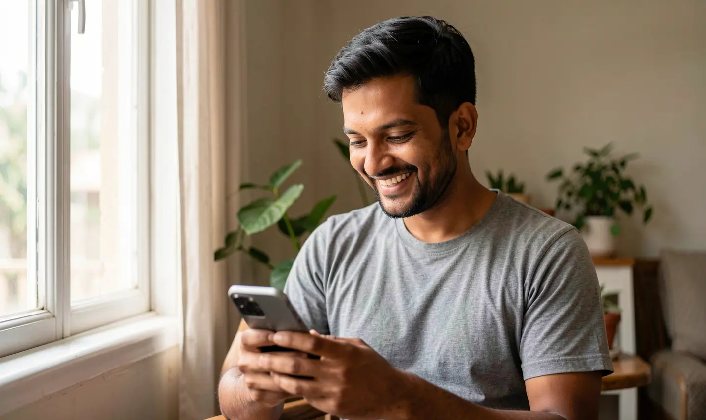 Smiling Bangladeshi man using the AAGO GAME mobile app on his smartphone in a bright and comfortable home setting