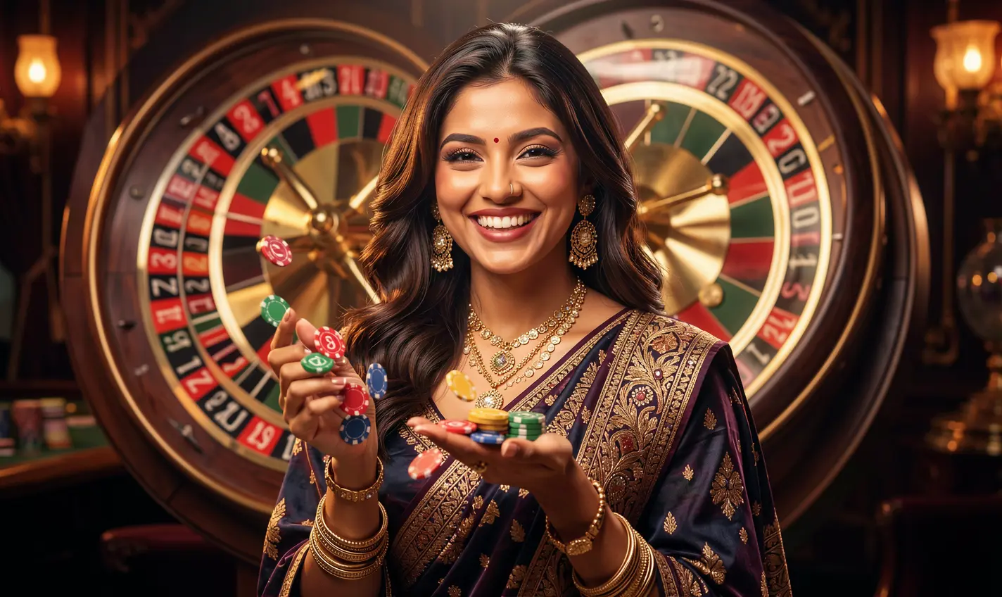 Smiling woman holding casino chips with a glowing roulette wheel behind her showcasing the exciting bonus rewards at AAGO GAME for players in Bangladesh