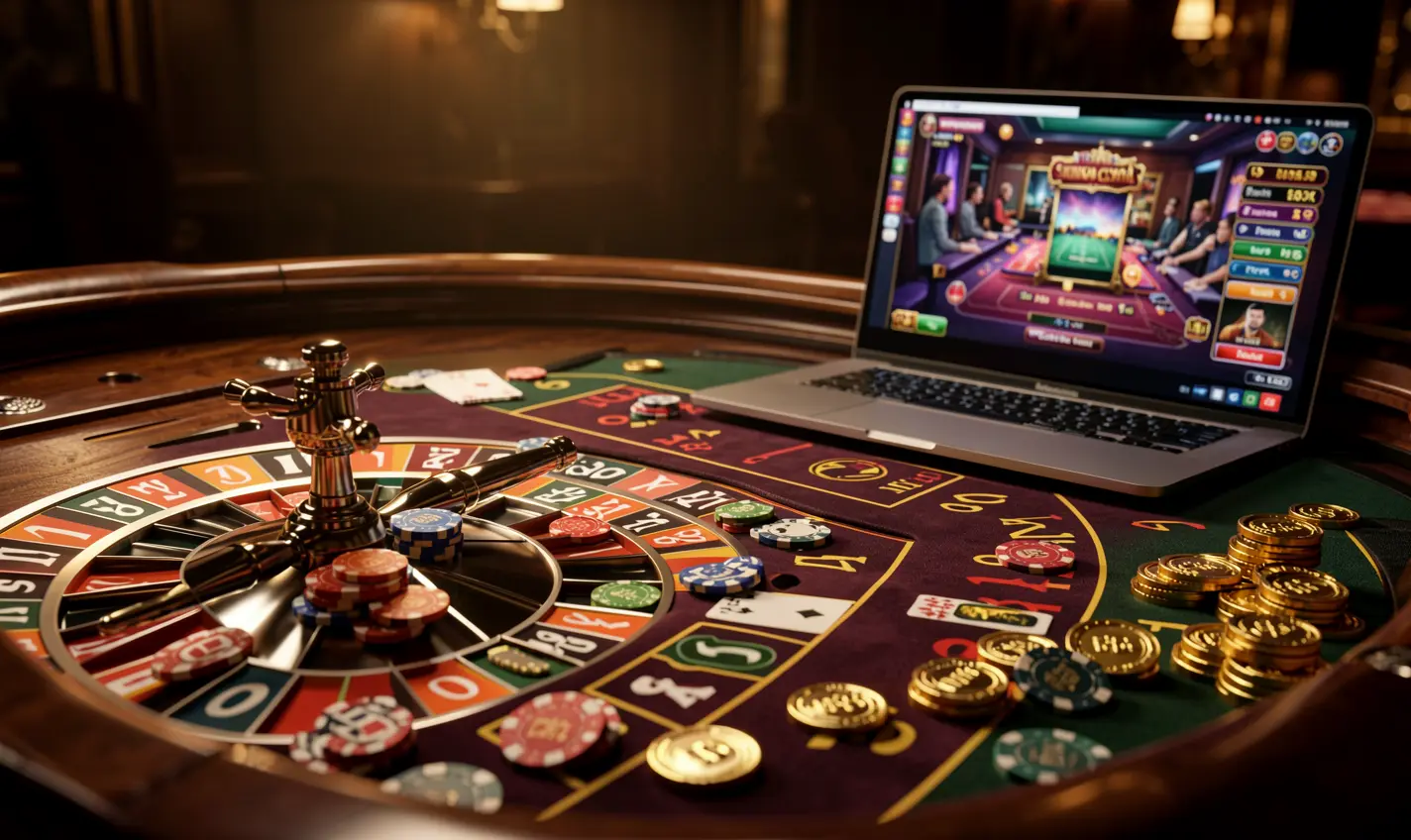 Close-up view of a live roulette table with stacked casino chips on a laptop screen showcasing the immersive AAGO GAME live casino experience for players in Bangladesh