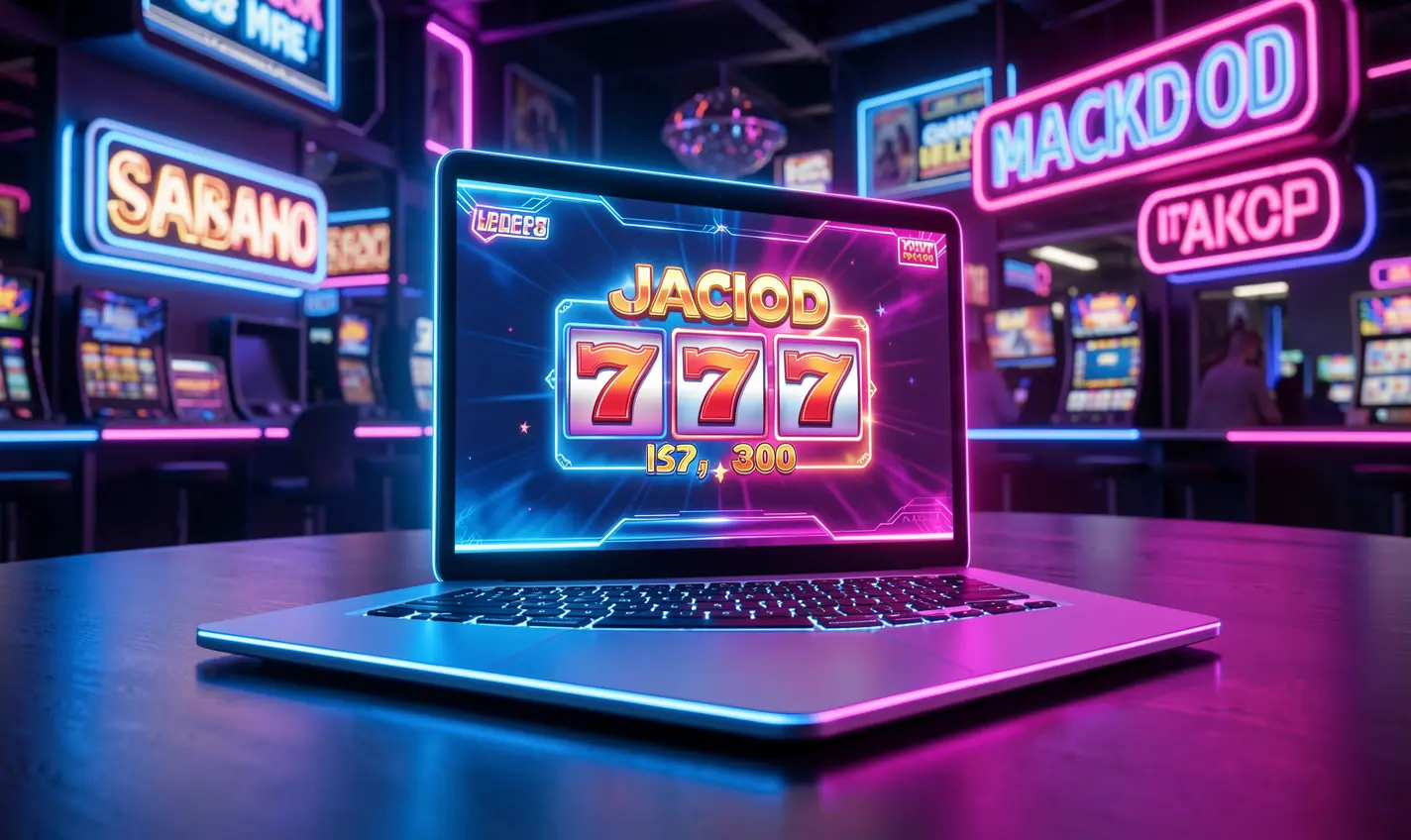 Stylish laptop with a glowing jackpot 777 display surrounded by neon casino lights representing the exciting slot and casino games available at AAGO GAME in Bangladesh