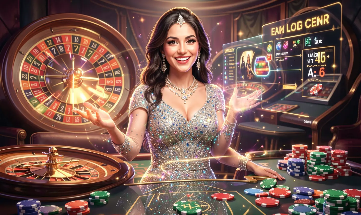 AAGO GAME Login – Step into an exciting world of online casino entertainment in Bangladesh Confident Bangladeshi casino hostess welcoming players with an extended hand surrounded by vibrant roulette lights on the AAGO GAME login screen