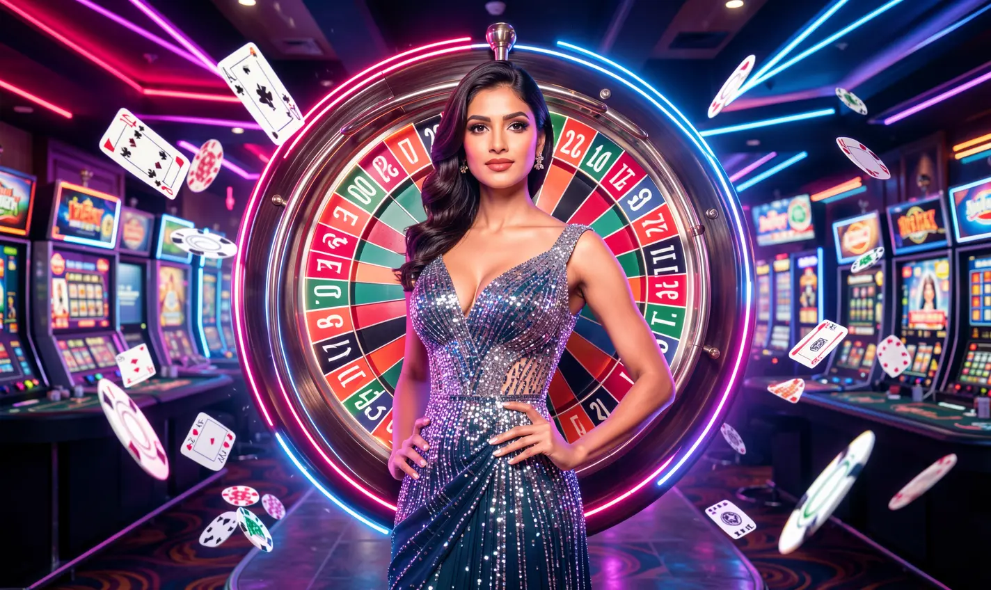 Confident casino hostess in a sparkling dress before a vibrant roulette wheel reflecting the excitement and high quality gaming atmosphere of AAGO GAME in Bangladesh