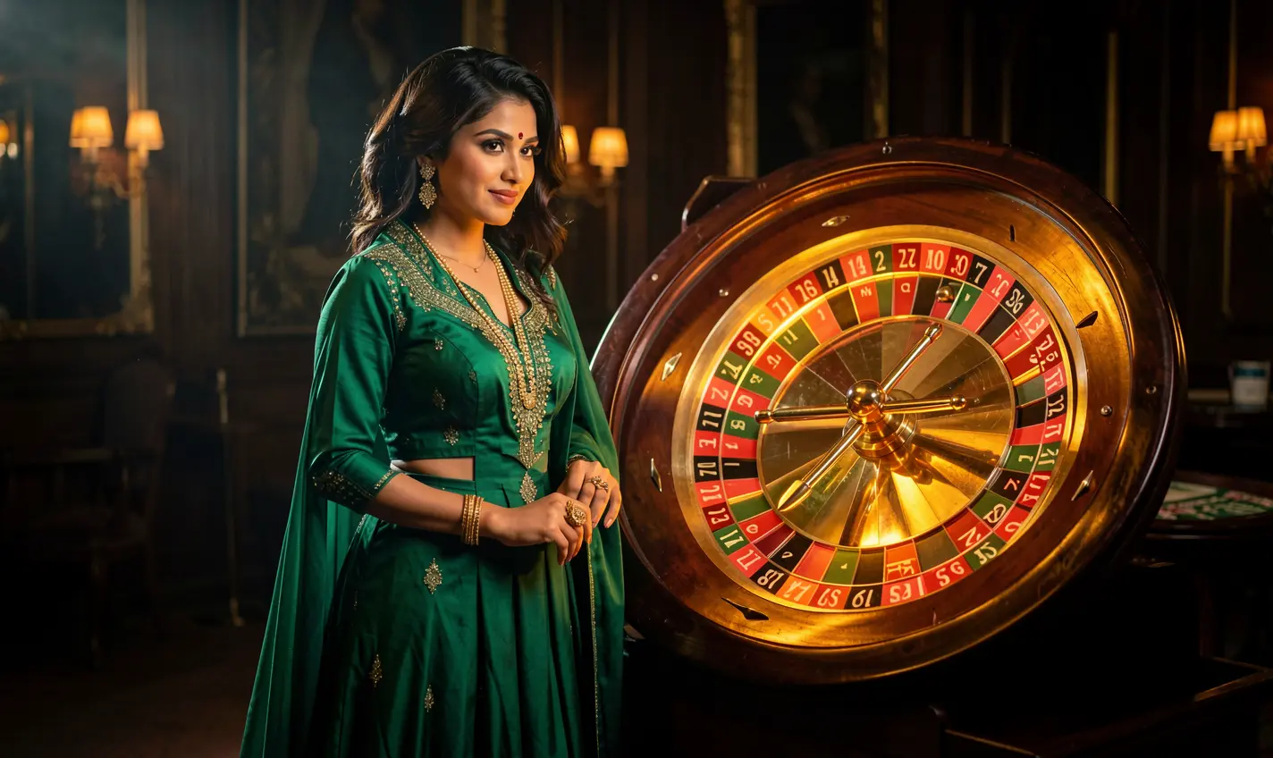 Confident Bangladeshi woman in a stylish emerald outfit standing near a modern roulette wheel highlighting the immersive casino gameplay on AAGO GAME