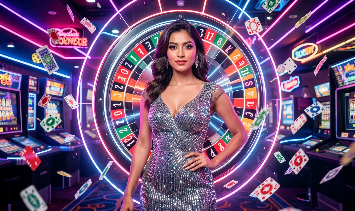 Confident casino hostess in a sparkling dress framed by a vibrant roulette wheel and flying chips showcasing the thrilling live casino atmosphere of AAGO GAME in Bangladesh
