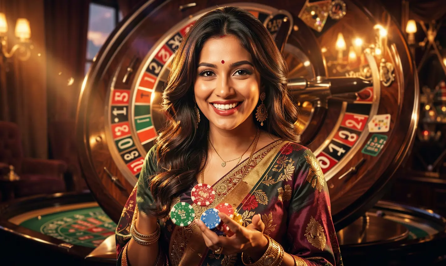 Confident casino player holding chips in a luxury gaming hall with slot machines and warm lighting showcasing the premium atmosphere of AAGO GAME Bangladesh