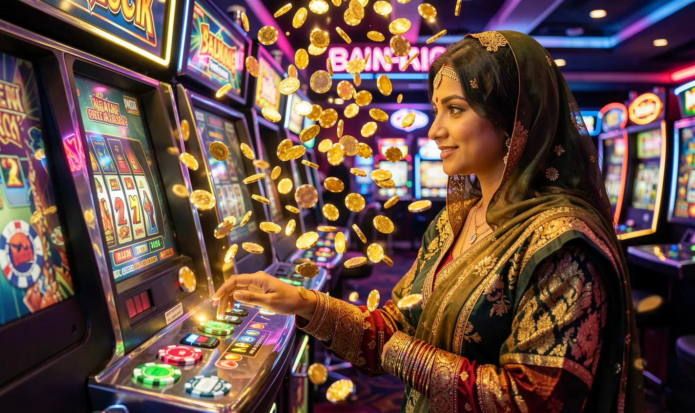 A glamorous woman playing a modern slot machine surrounded by sparkling coins and neon lights showcasing the premium casino atmosphere of AAGO GAME for players in Bangladesh